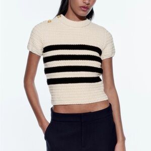 Zara Textured Black and Cream Striped Crop Top